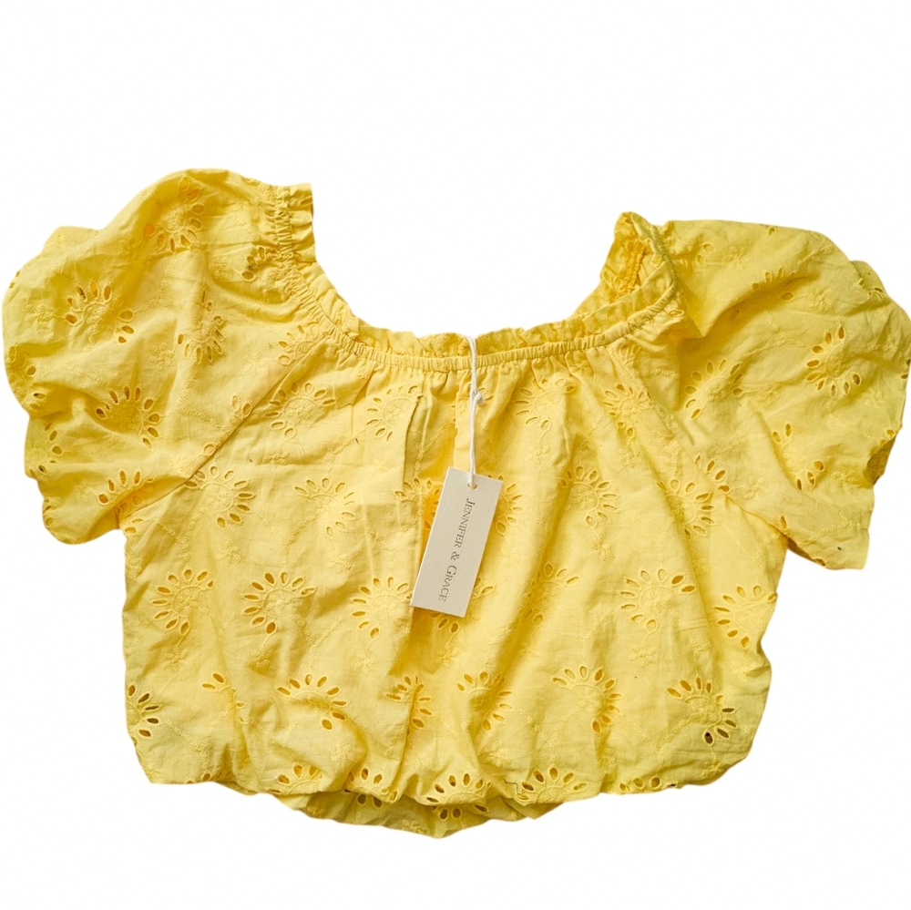 NWT Butter Yellow Bohemian EYELET Puff Sleeve Crop Blouse